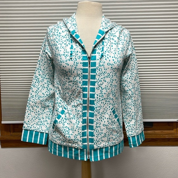 Weekends by Chico’s Turquoise White Leopard Ways Stripe-Trim Zip-Up Jacket - Picture 1 of 11
